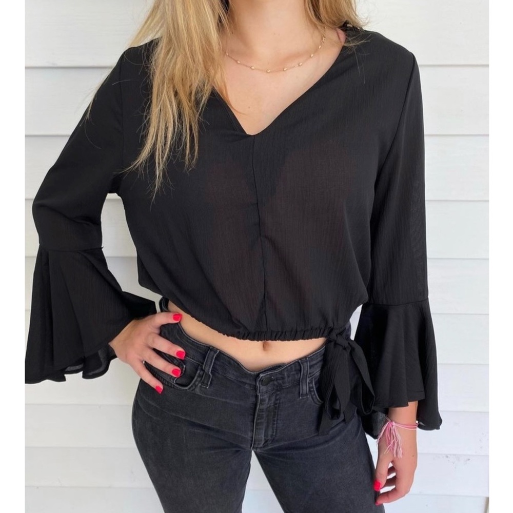 Black V-Neck Top With Flared Sleeves